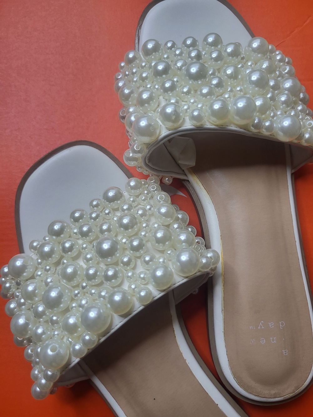 a new day White Pearl-Embellished Slide Sandals Size 7 - Picture 1 of 3